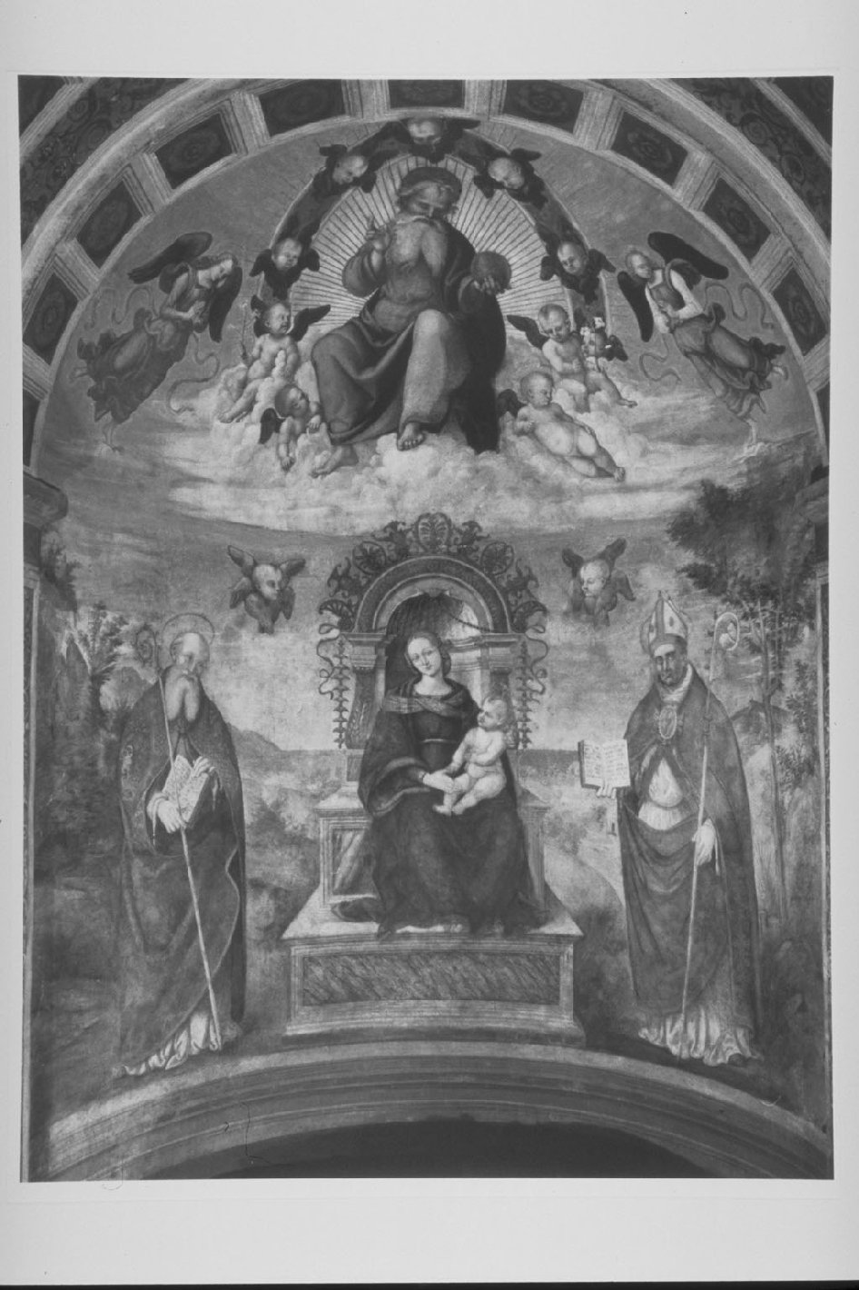 Madonna con Bambino in trono tra santi (dipinto, insieme) di Giannicola di Paolo (attribuito), Tiberio d'Assisi (attribuito) (sec. XVI)