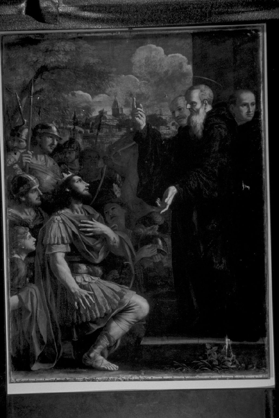 S. Benedetto predice a Totila la morte, San Benedetto riceve la visita di Totila (dipinto, opera isolata) di Gimignani Giacinto (attribuito) (sec. XVII)