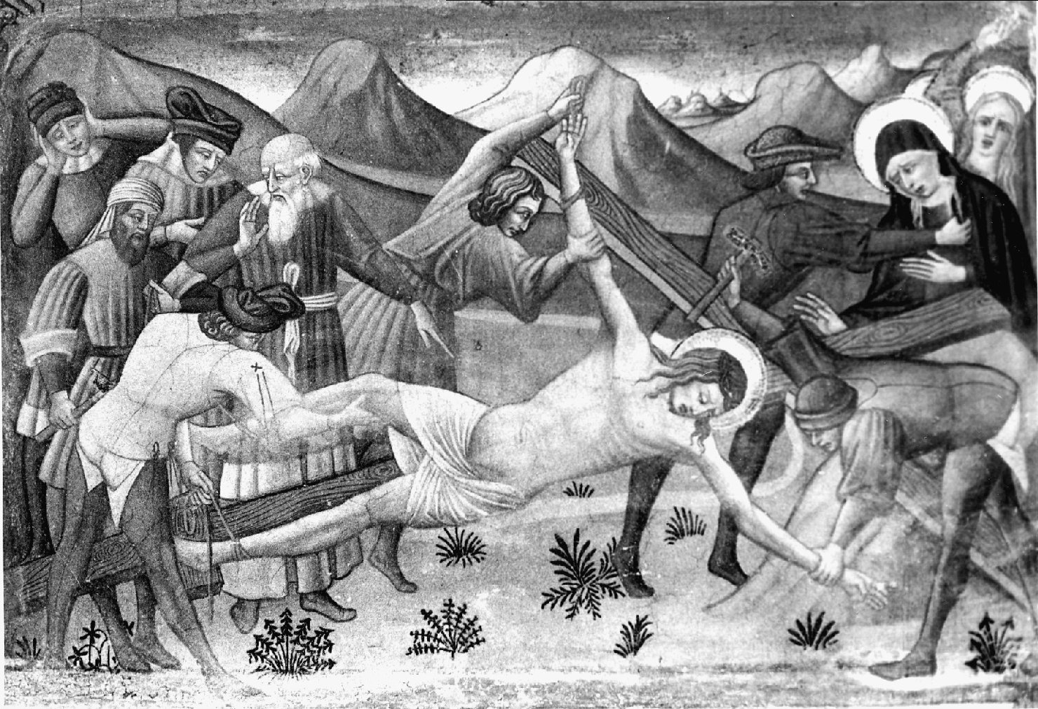 Cristo inchiodato alla croce (dipinto, ciclo) di Niccola da Siena (attribuito) (terzo quarto sec. XV)