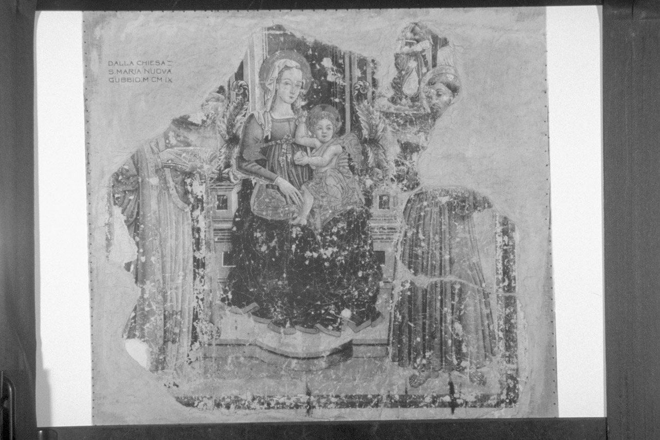 Madonna in trono con Bambino con i Santi Ubaldo e Francesco (dipinto, frammento) - ambito eugubino (sec. XV)