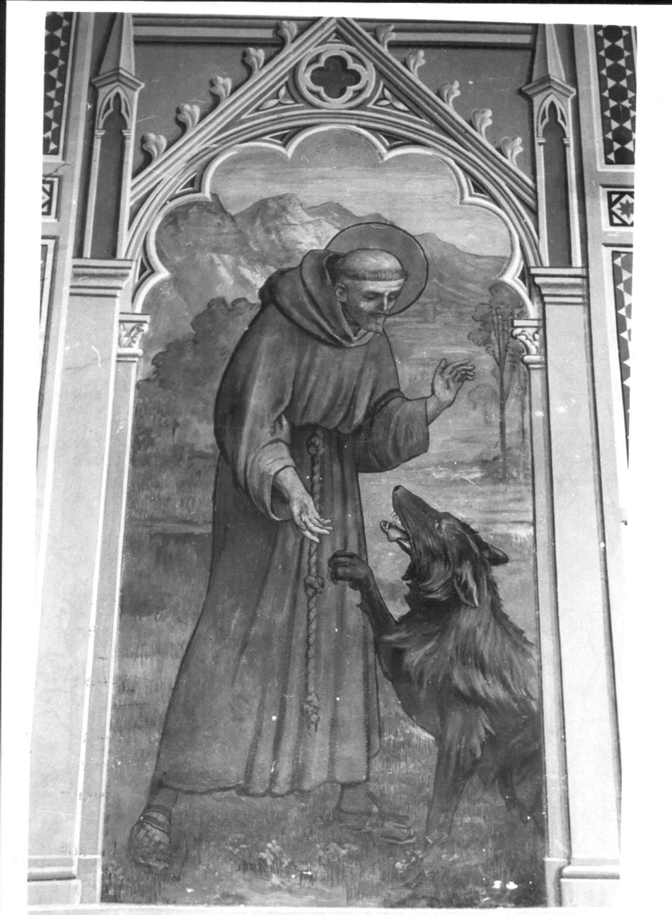 San Francesco d'Assisi ammansisce il lupo di Gubbio (dipinto, ciclo) di Stoppoloni Augusto, Menichetti Clodomiro (primo quarto sec. XX)