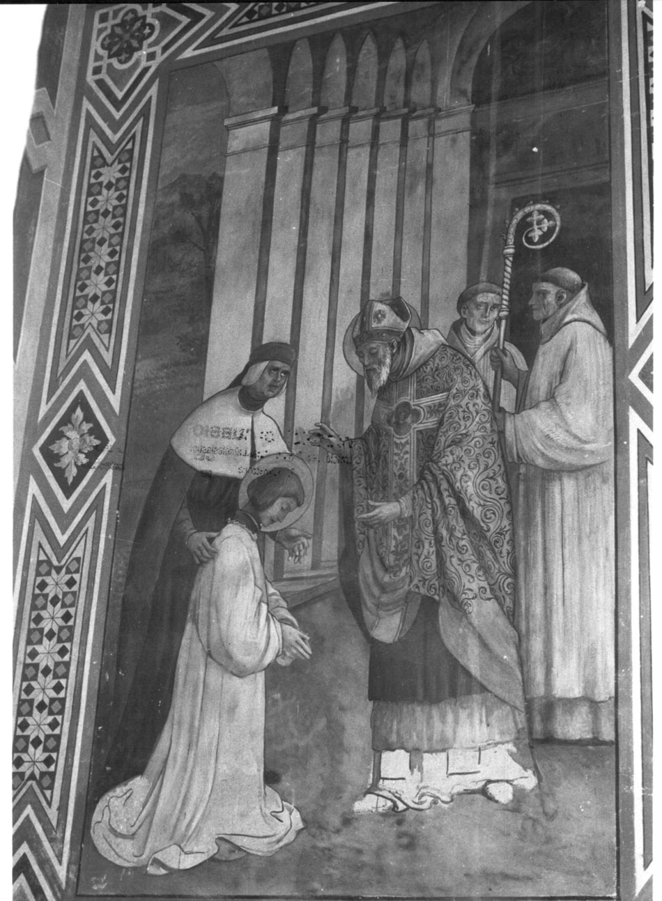 Sant'Ubaldo davanti al vescovo di Gubbio Giovanni da Lodi prima di entrare in seminario, Sant'Ubaldo davanti al vescovo di Gubbio (dipinto, ciclo) di Stoppoloni Augusto, Menichetti Clodomiro (primo quarto sec. XX)
