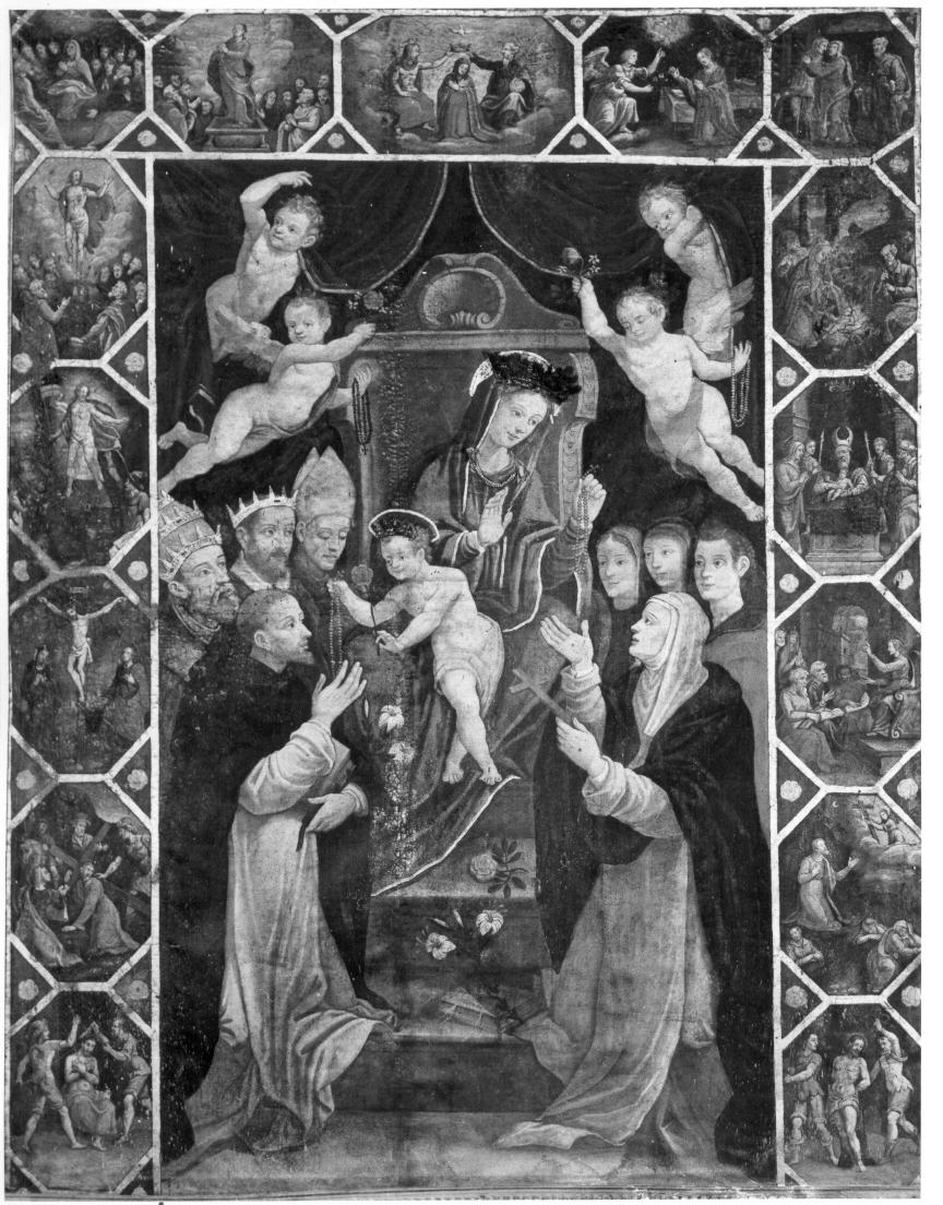 Madonna del Rosario con San Domenico e Santa Caterina, santi e misteri del rosario (dipinto) - ambito italiano (sec. XVII)