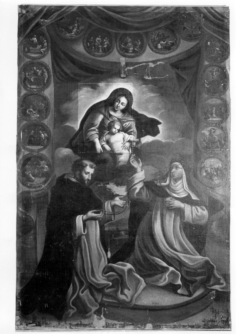 Madonna del Rosario con San Domenico, Santa Caterina da Siena e misteri del rosario (dipinto) - ambito italiano (sec. XVII)