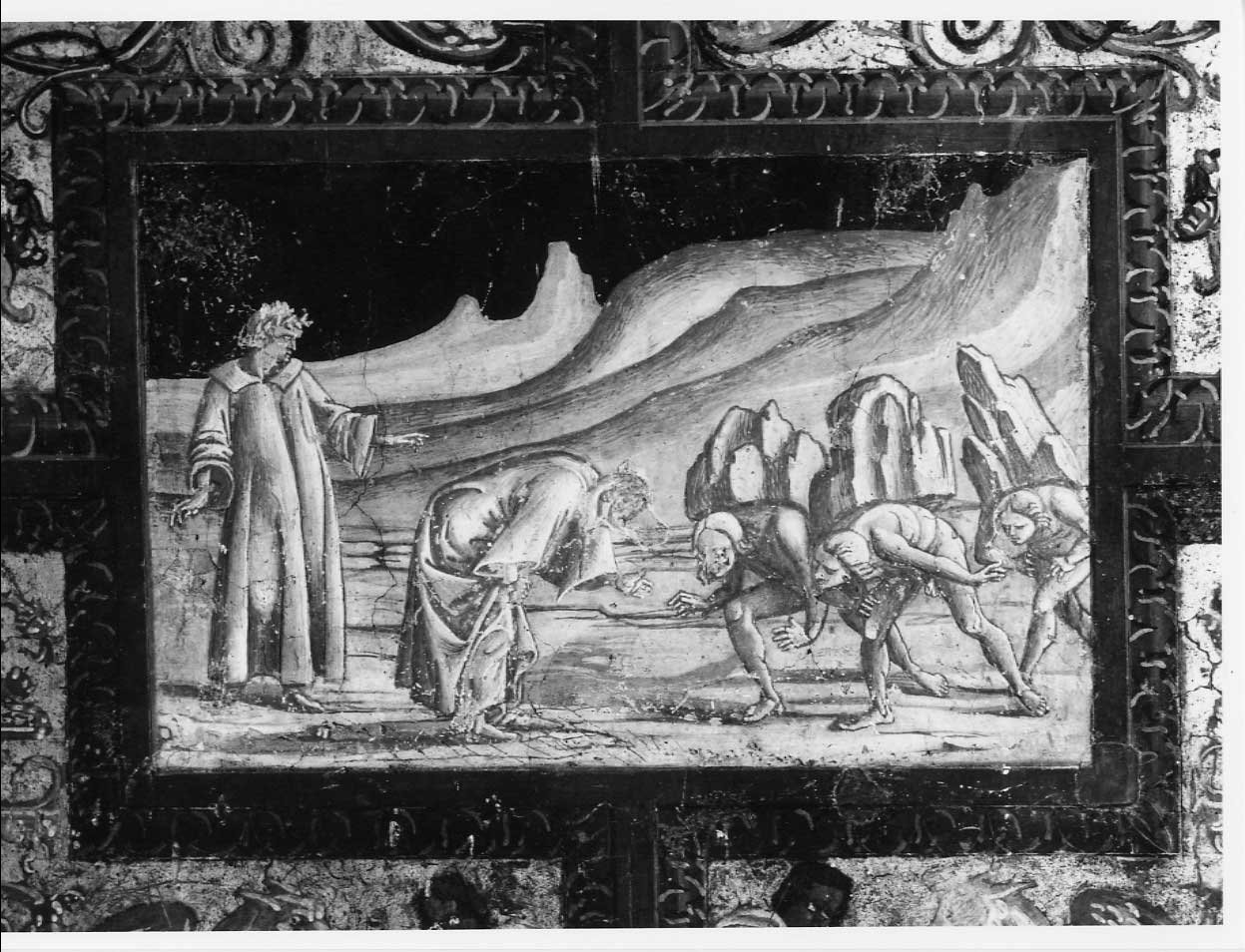 Dante e Virgilio nel primo girone del Purgatorio (dipinto, complesso decorativo) di Signorelli Luca (e aiuti) (sec. XVI)