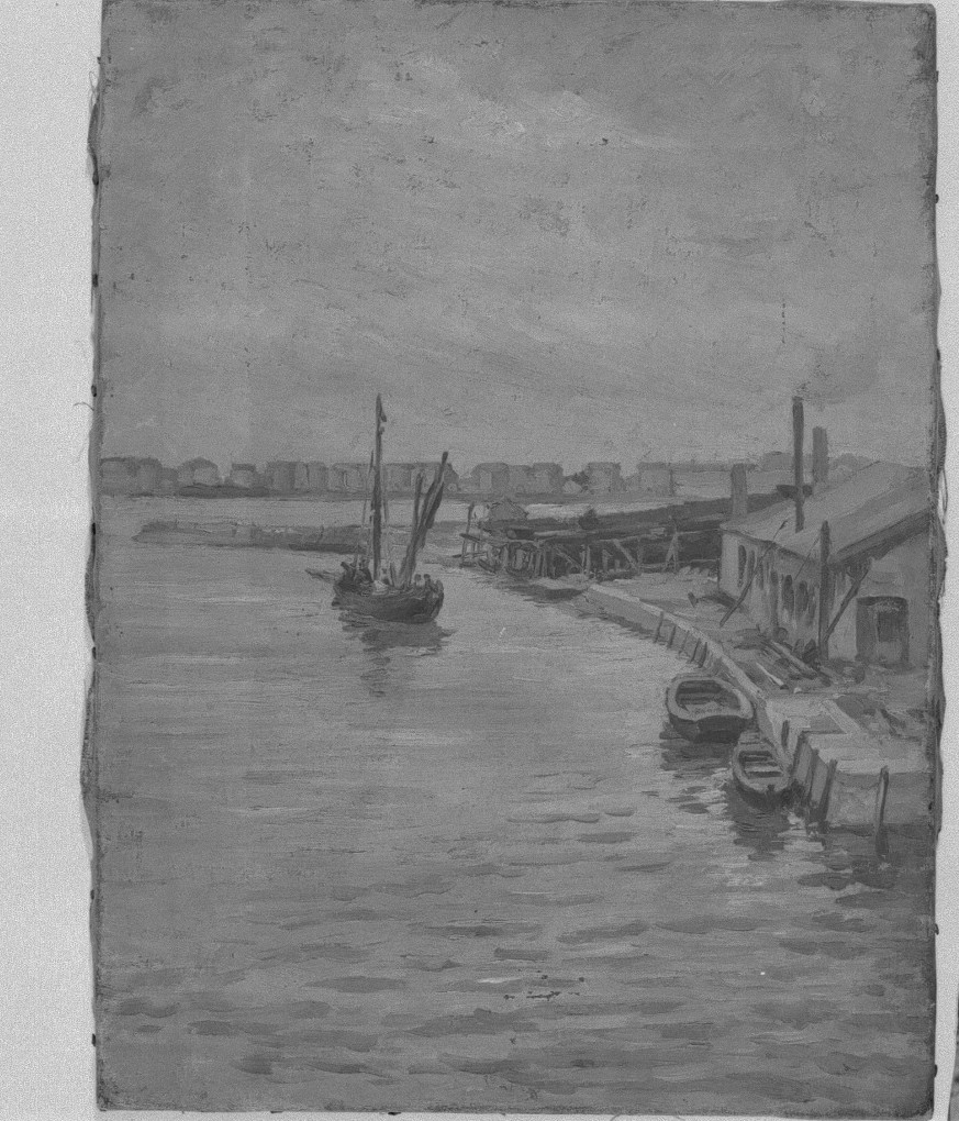 Veduta dei cantieri di Chioggia (dipinto) di Naccari Aristide (fine/inizio secc. XIX/ XX)