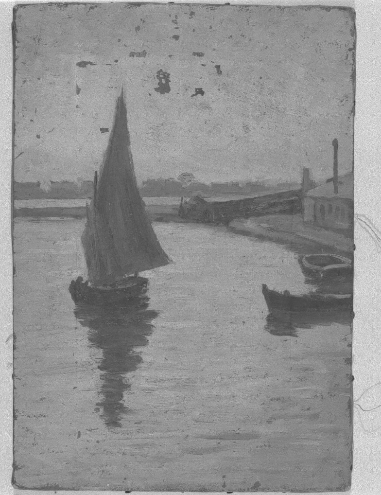 Veduta di Chioggia dalla darsena (dipinto) di Naccari Aristide (secc. XIX/ XX)