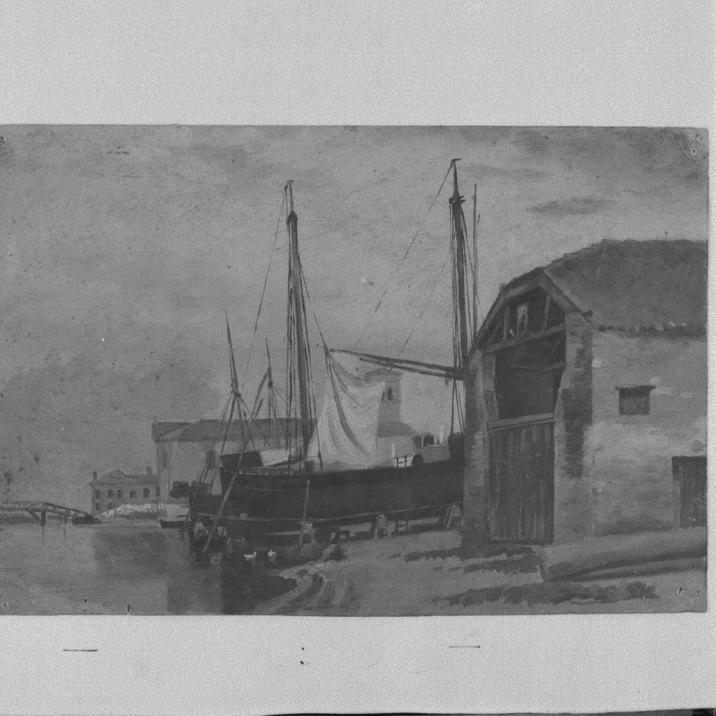 Veduta del cantiere di S. Domenico di Chioggia (dipinto) di Naccari Aristide (fine/inizio secc. XIX/ XX)