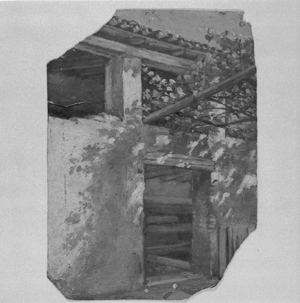 paesaggio con cortile e pergolato, paesaggio (dipinto) di Naccari Aristide (fine/inizio secc. XIX/ XX)