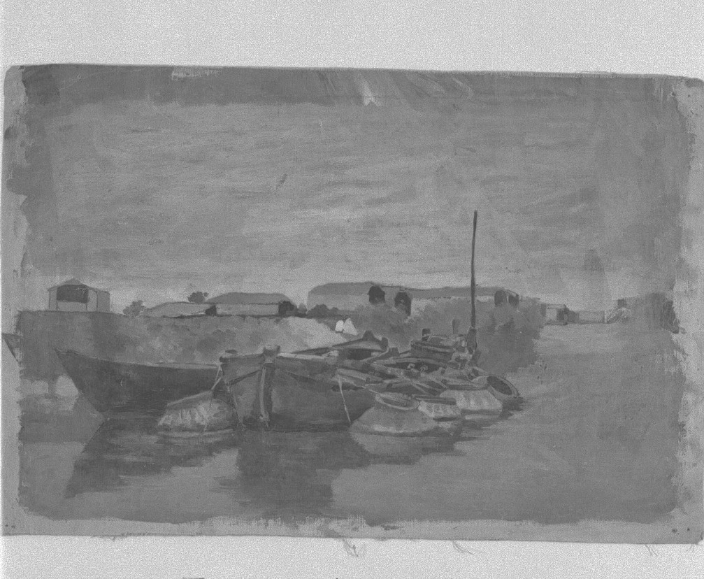 Veduta di Chioggia (?) verso l'Isola dei Cantieri (dipinto) di Naccari Aristide (fine/inizio secc. XIX/ XX)