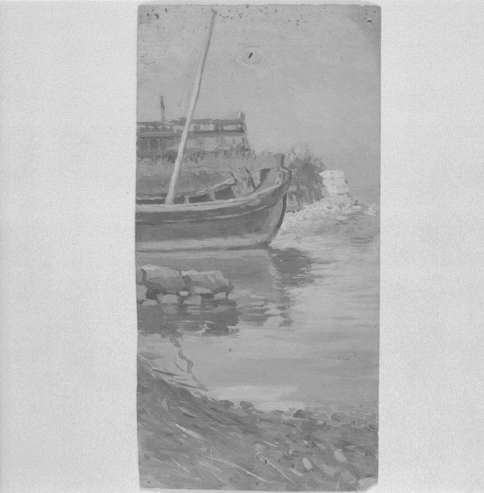 paesaggio marino con prua di barcone, paesaggio marino (dipinto) di Naccari Aristide (fine/inizio secc. XIX/ XX)