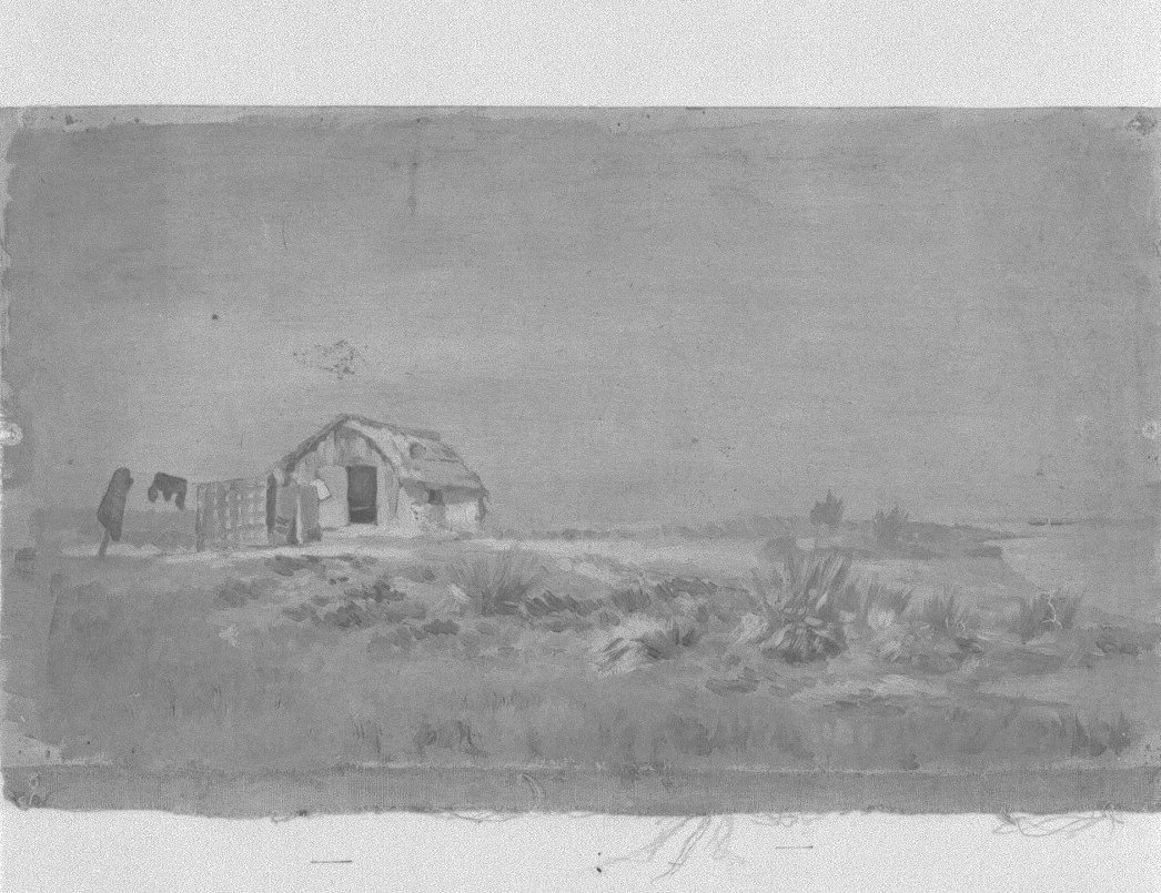 paesaggio lagunare con cason da pesca (dipinto) di Naccari Aristide (fine/inizio secc. XIX/ XX)