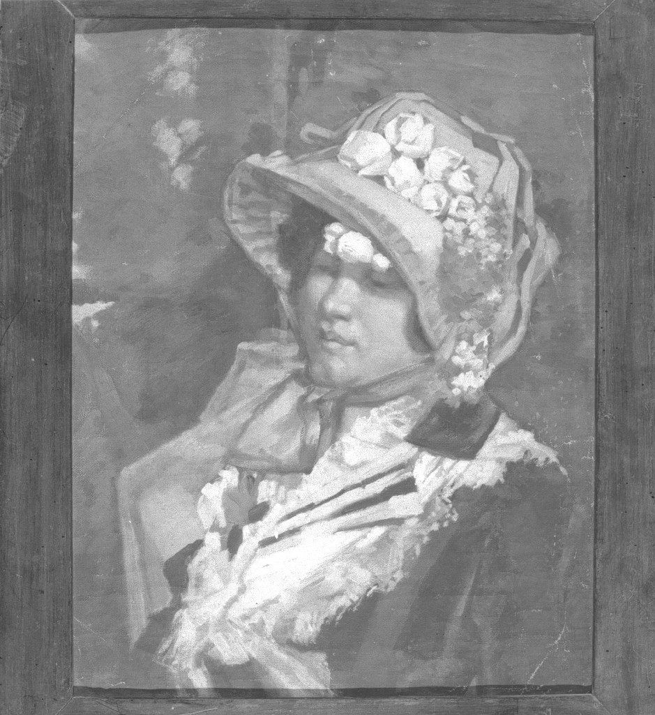 ritatto di giovane donna con cappello, ritratto di donna (dipinto) di Naccari Aristide (fine/inizio secc. XIX/ XX)