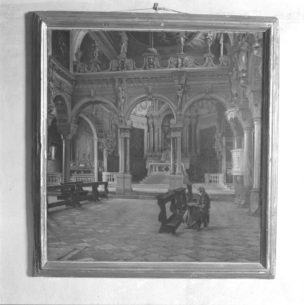 Interno della Chiesa di San Nicolò dei Mendicoli con donna orante (dipinto) di Vason P (sec. XIX)