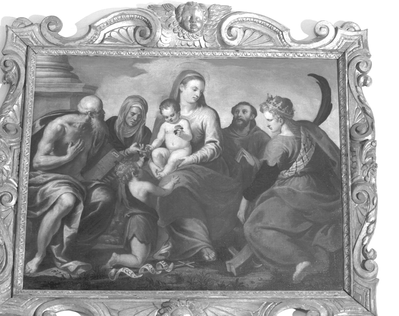 Madonna con Bambino, San Giovannino, San Gerolamo, Sant'Anna, San Francesco e Santa Caterina d'Alessandria (dipinto, opera isolata) di Negretti Jacopo detto Palma il Giovane (sec. XVI)