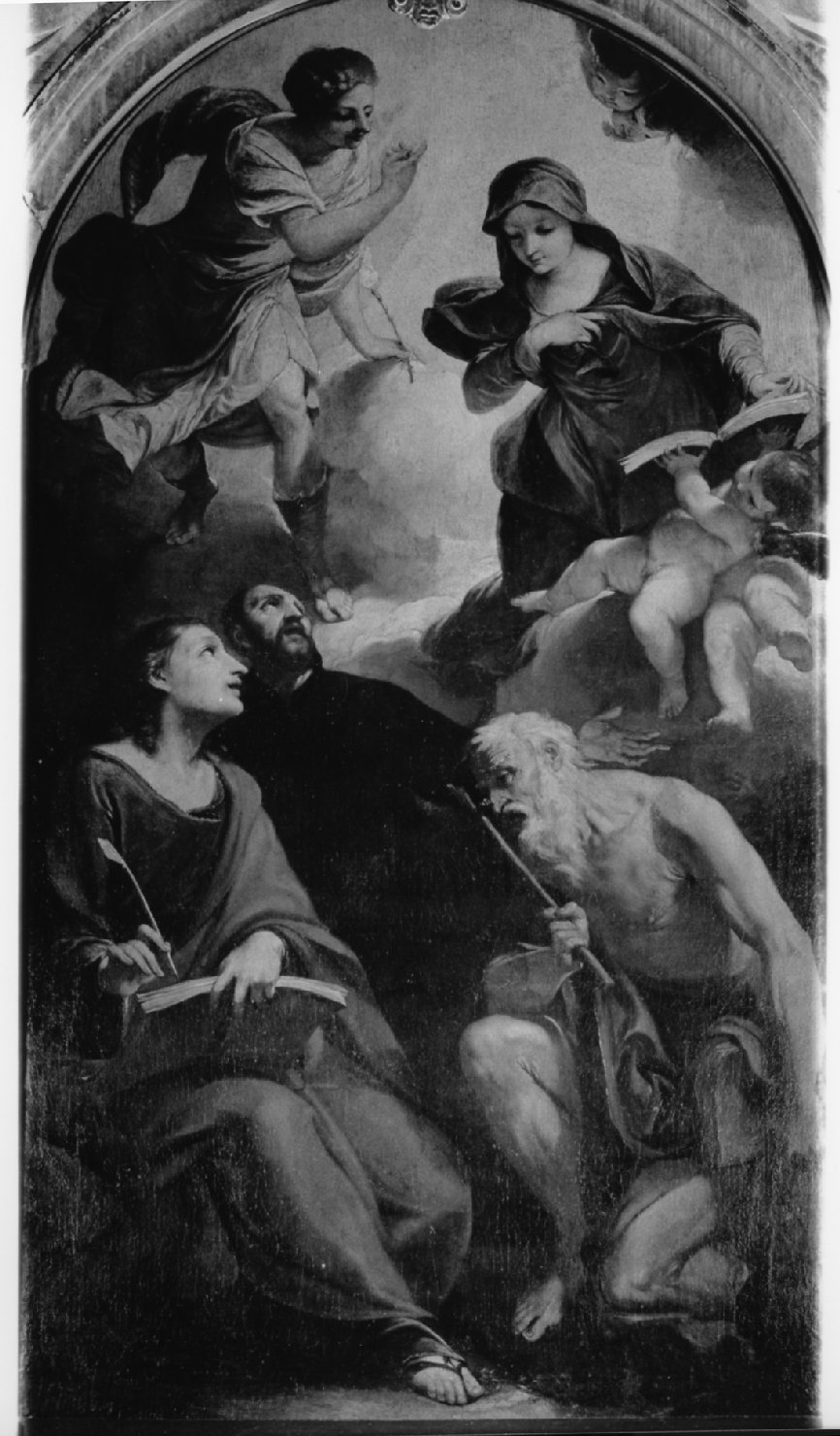 Annunciazione coi santi Giovanni Evangelista, Gaetano da Thiene e Girolamo (pala d'altare) di Lazzarini Gregorio (sec. XVII)