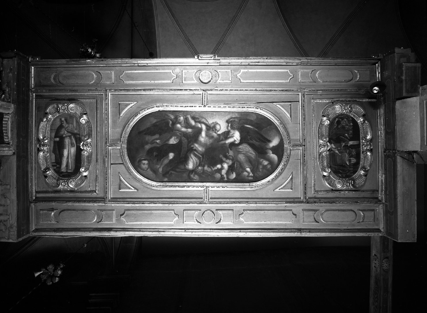 Padre Eterno in gloria e miracolo di San Simone (dipinto, serie) di Michieli Andrea detto Vicentino, Meldolla Andrea detto Andrea Schiavone (secc. XVI/ XVII)