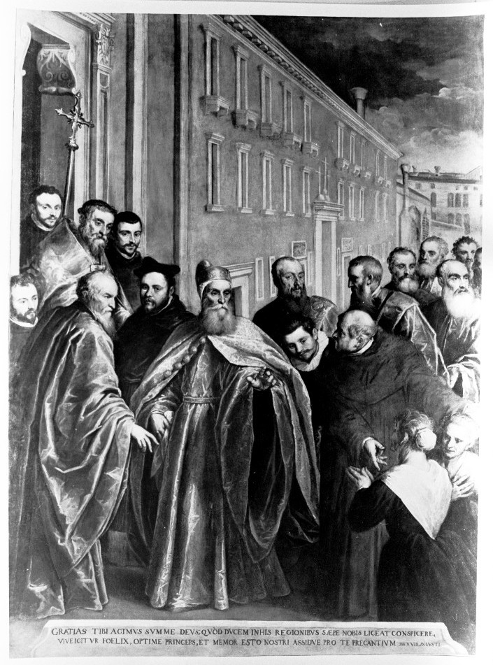 Pasquale Cicogna in abiti togali visita l' oratorio dei Crociferi (dipinto) di Negretti Jacopo detto Palma il Giovane (sec. XVI)