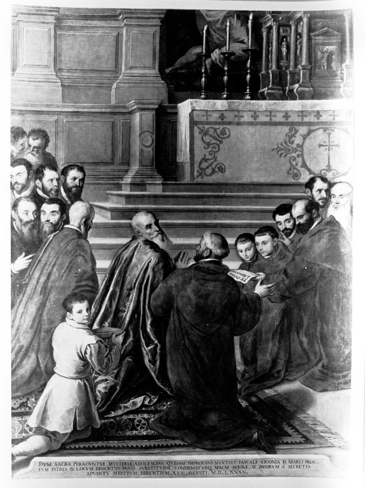 Pasquale Cicogna eletto doge nella chiesa dei Gesuiti (dipinto) di Negretti Jacopo detto Palma il Giovane (sec. XVI)
