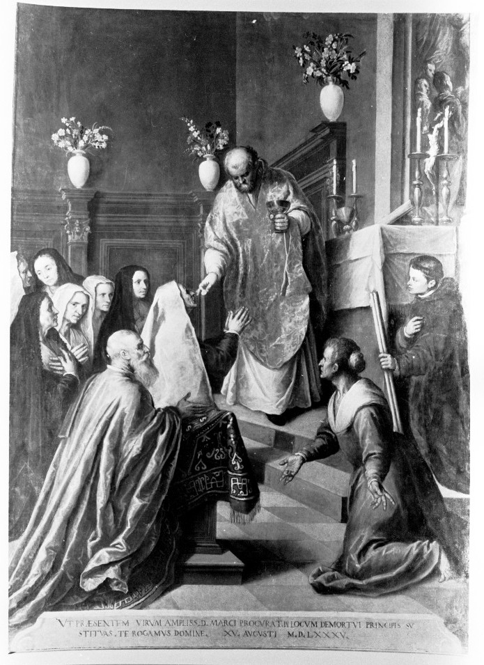 Pasquale Cicogna assiste alla messa celebrata da Priapo Balbi (dipinto) di Negretti Jacopo detto Palma il Giovane (sec. XVI)
