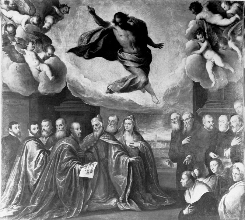 Cristo in gloria il doge Renier Zen la Dogaressa e i Procuratori (dipinto) di Negretti Jacopo detto Palma il Giovane (sec. XVI)