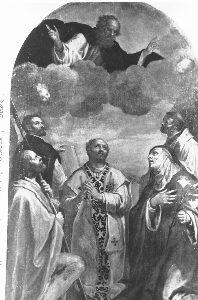 Padre Eterno tra i Santi Isidoro, Ignazio, Filippo Neri, Francesco Saverio, Teresa del Gesù (dipinto) - ambito veneto (sec. XVII)