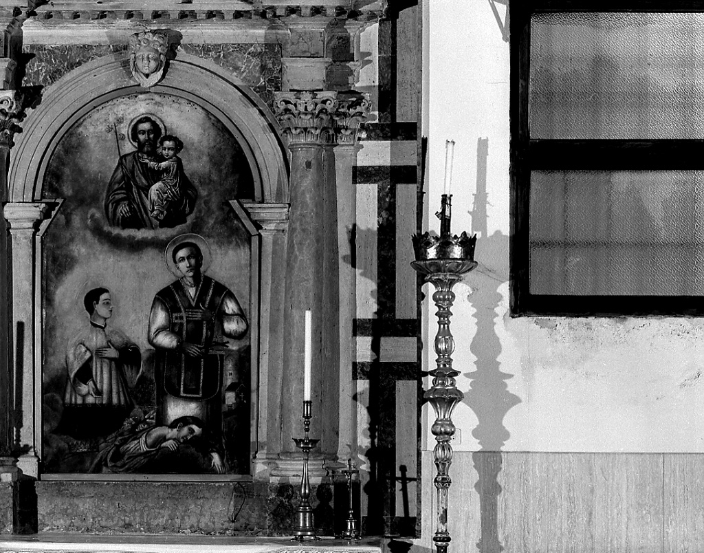 SAN GIUSEPPE COL BIMBO E SS. LUIGI GONZAGA, VALENTINO E FILOMENA (dipinto) di Locatello Pietro (sec. XIX)