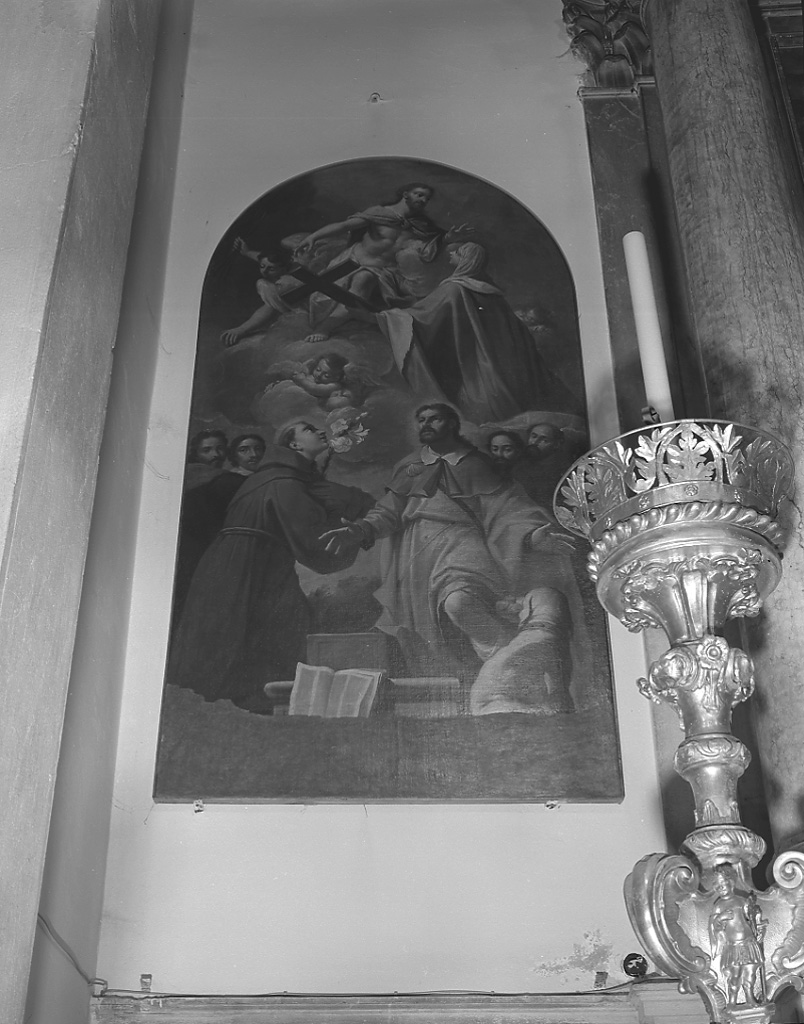 La Vergine offre a Cristo la croce alla presenza di San Rocco, Sant'Antonio e Santi (dipinto) - ambito veneto (sec. XVII)