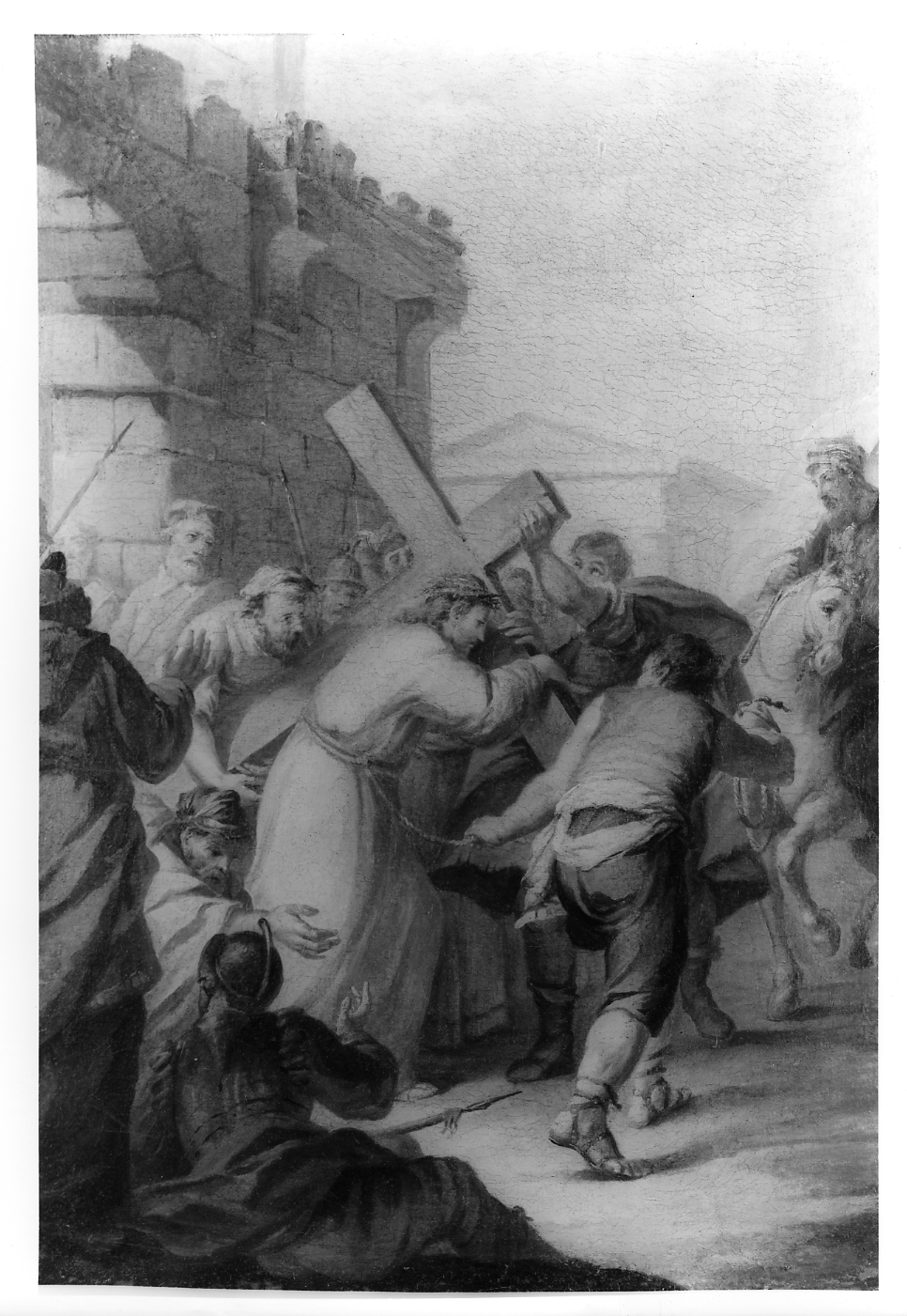 stazione V: Gesù aiutato da Simone il Cireneo a portare la croce (Via Crucis) di Zucchi Antonio (sec. XVIII)