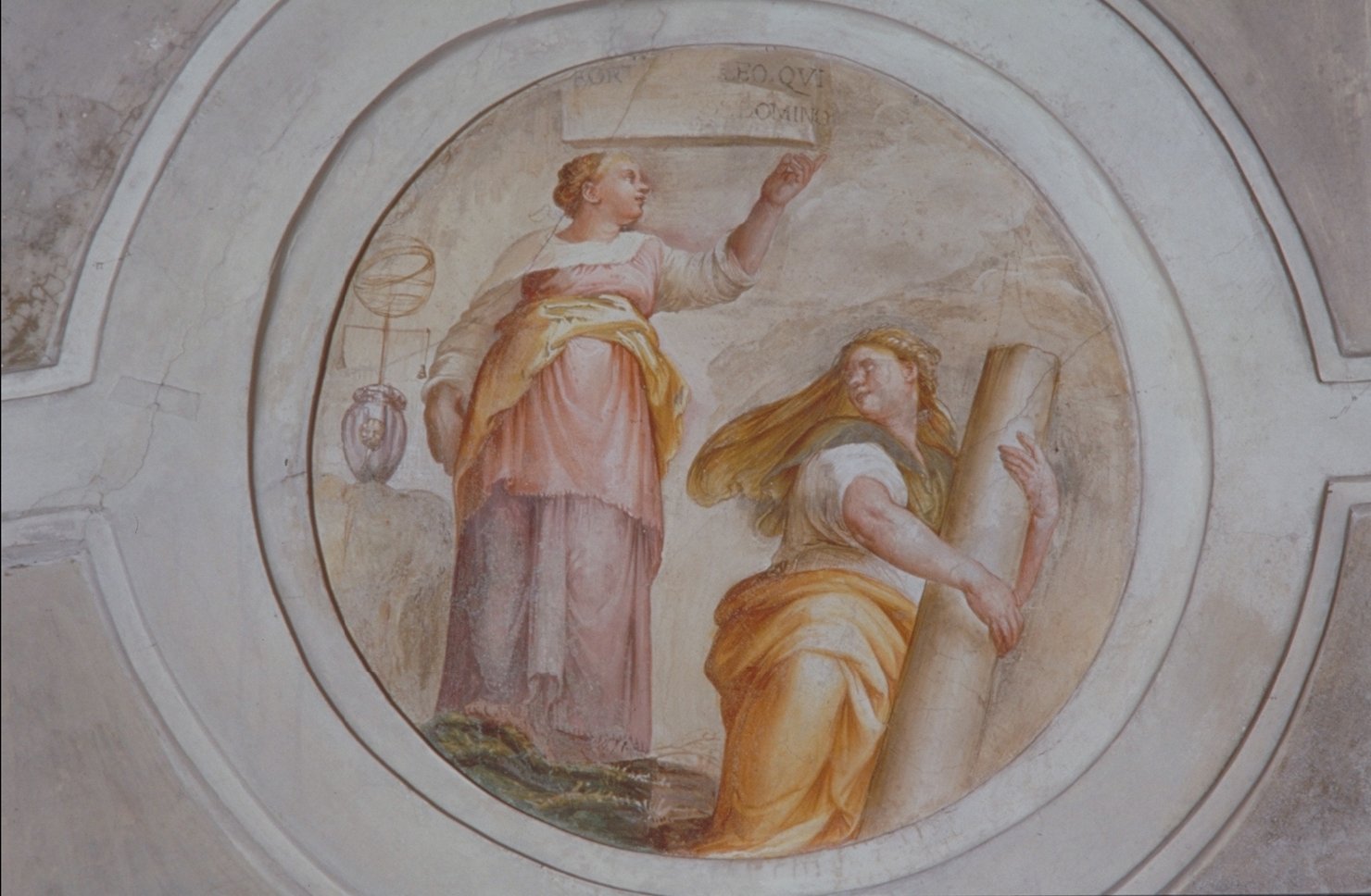 Allegoria della Fortezza e della Giustizia (dipinto, elemento d'insieme) di Franco Battista detto Semolei (sec. XVI)