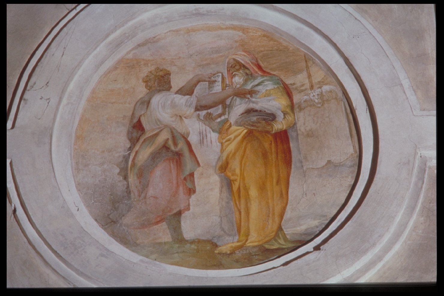 Profeta che rivela il segreto del vecchio testamento (dipinto, elemento d'insieme) di Franco Battista detto Semolei (sec. XVI)