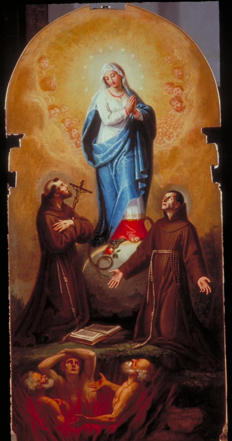 Immacolata Concezione, San Francesco, San Pasquale e le anime del Purgatorio (dipinto) di Querena Lattanzio (sec. XIX)