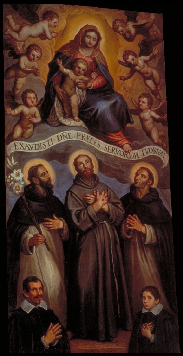 Madonna con Bambino, San Francesco d'Assisi, San Domenico, San Diego e committenti (dipinto) di Robusti Domenico detto Domenico Tintoretto (sec. XVII)
