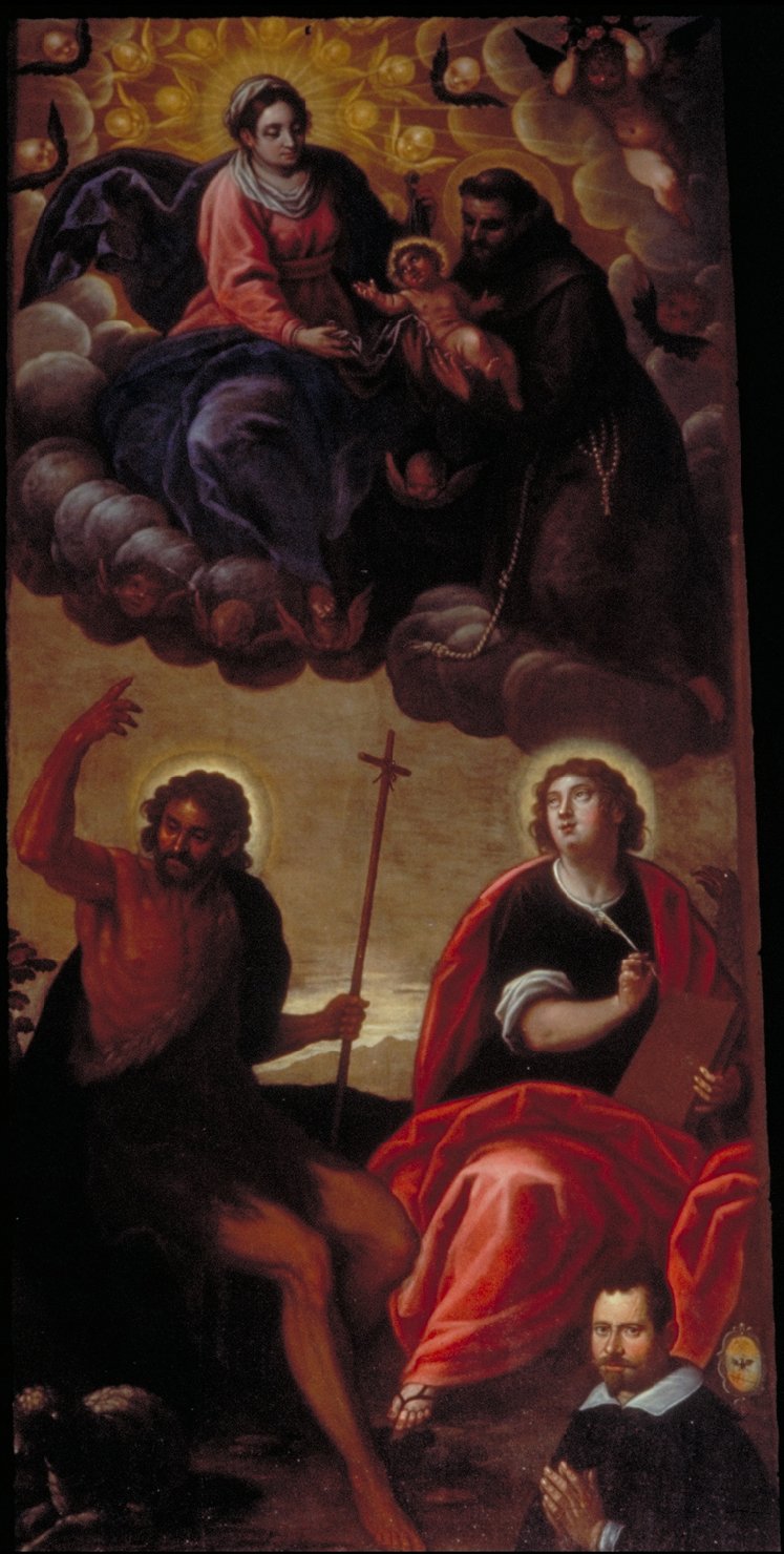 Madonna che porge il Bambino a San Francesco con San Giovanni Battista, San Giovanni Evangelista e committente (dipinto) di Negretti Jacopo detto Palma il Giovane (seconda metà sec. XVI)