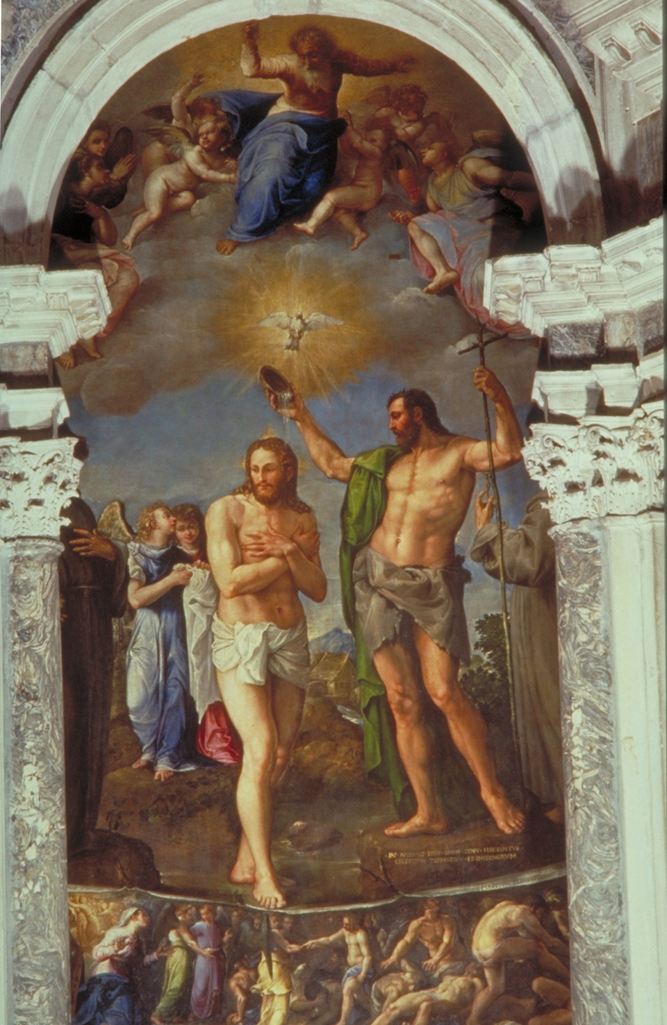 Battesimo di Cristo fra San Francesco e San Bernardino, battesimo di Cristo (dipinto) di Franco Battista detto Semolei (secondo quarto sec. XVI)