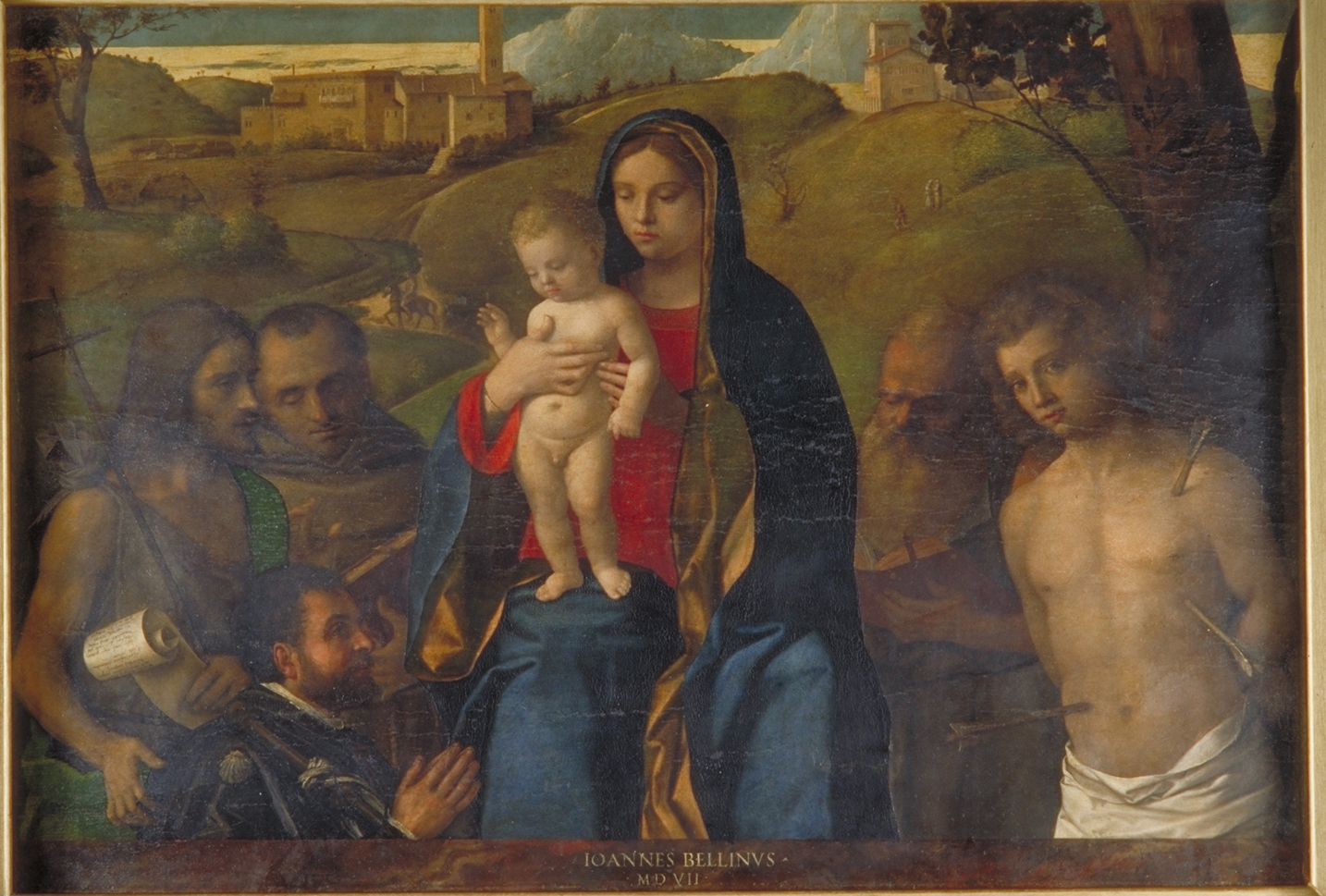 Madonna con Bambino, committente, San Giovanni Battista, San Francesco, San Girolamo e San Sebastiano (dipinto) di Bellini Giovanni detto Giambellino (sec. XVI)