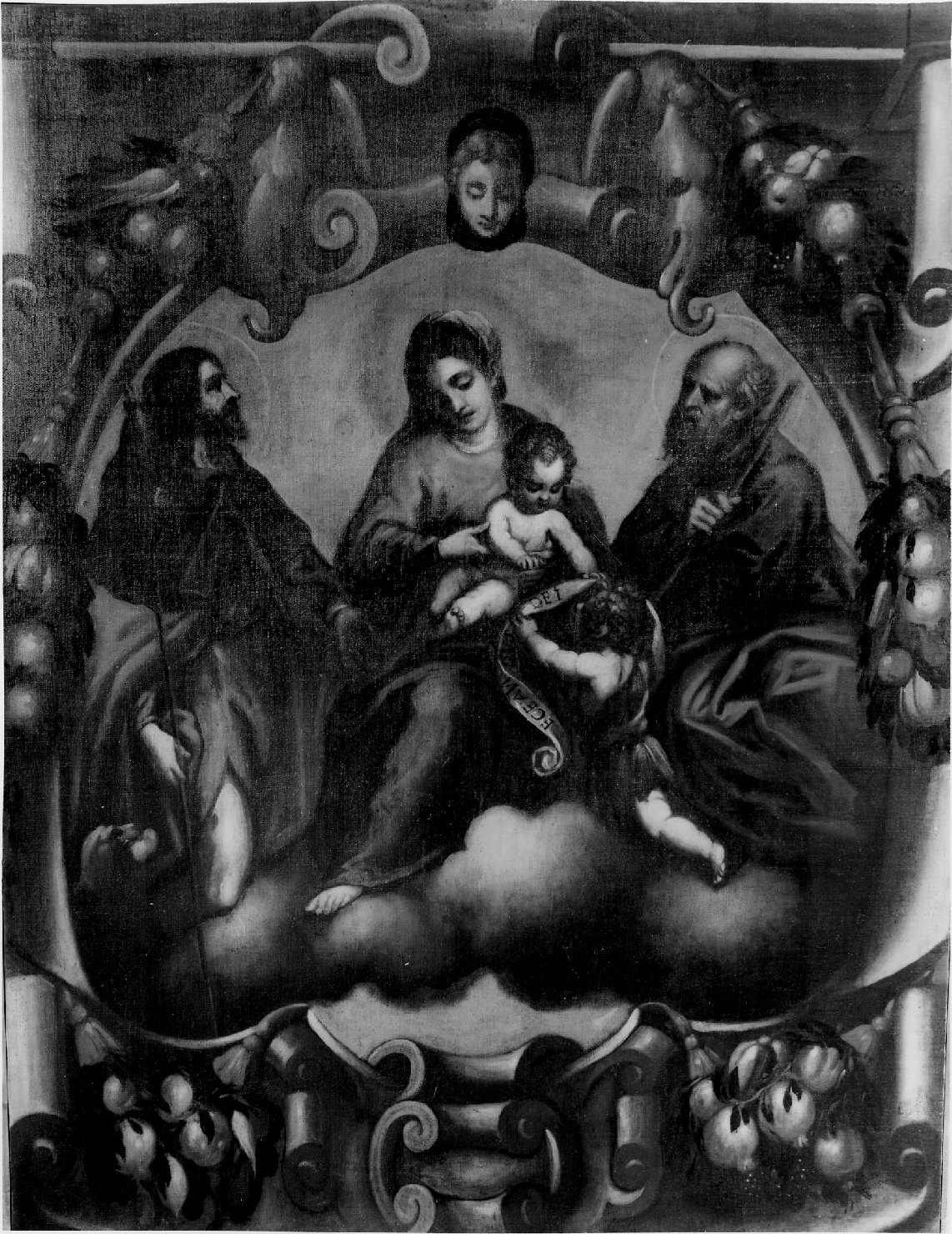 Madonna con Bambino a i Santi Rocco e Giuseppe (dipinto) di Negretti Jacopo detto Palma il Giovane (cerchia) (sec. XVII)