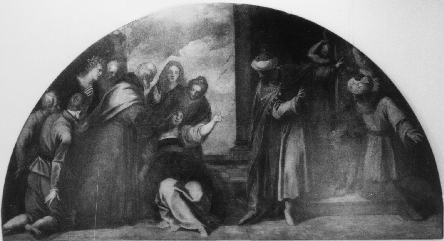 San Saba guarisce un'emorroissa (dipinto) di Negretti Jacopo detto Palma il Giovane (fine sec. XVI)