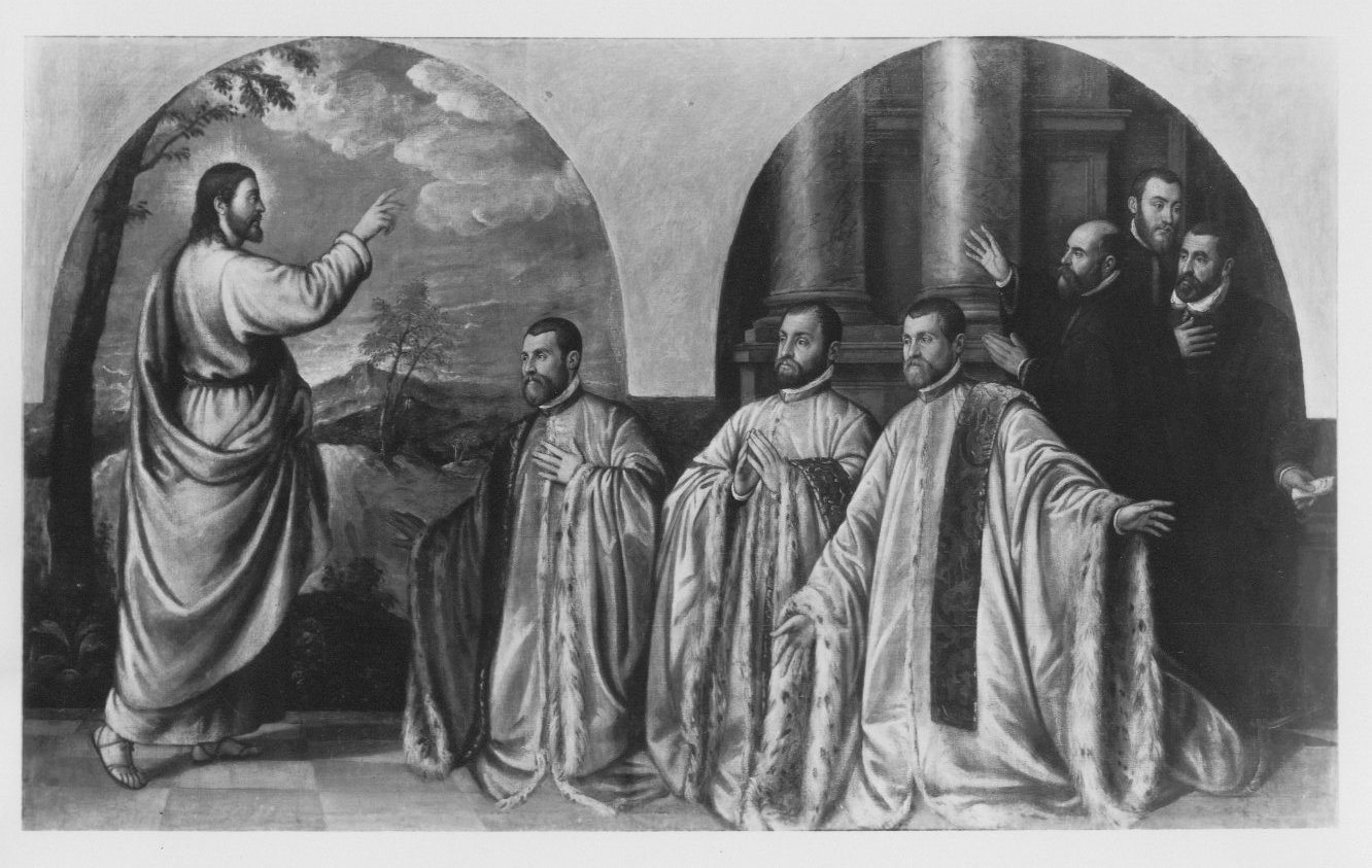 Il Redentore benedice alcuni magistrati (dipinto) di Angolo Battista detto Battista del Moro (terzo quarto sec. XVI)