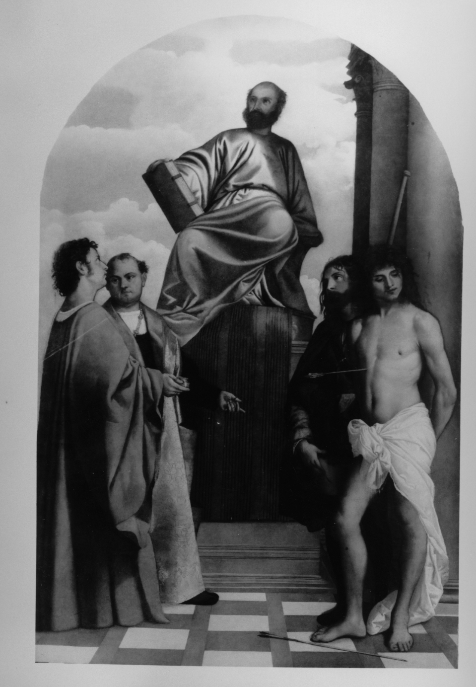SAN MARCO EVANGELISTA IN TRONO CON I SANTI COSMA, DAMIANO, ROCCO E SEBASTIANO (dipinto) di Vecellio Tiziano (sec. XVI)