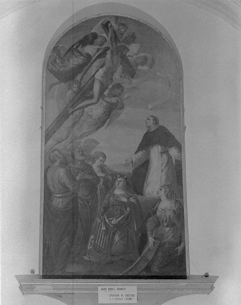 Cristo crocifisso appare ai santi Tommaso d'Aquino, Pietro, Paolo, Agnese e Cecilia (dipinto) di Robusti Jacopo detto Tintoretto (e aiuti) (sec. XVI)