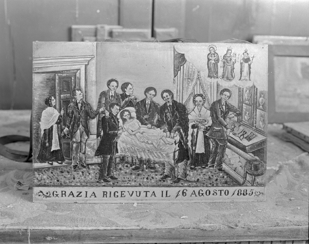 Intervento chirurgico riuscito per intercessione della Madonna del Carmine, di San Domenico e della Madonna con Bambino, scena familiare/ San Domenico/ Madonna con Bambino/ Madonna del Carmine (ex voto) - ambito veneziano (sec. XIX)