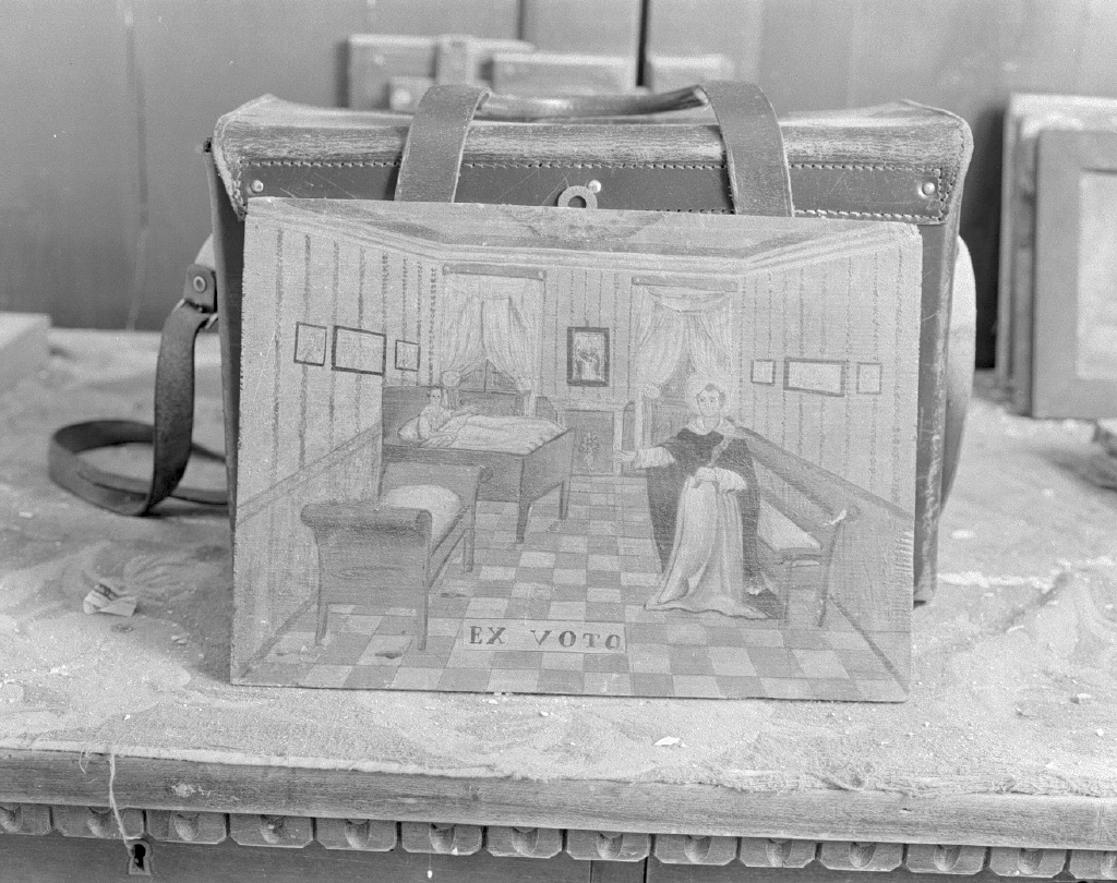 San Domenico appare a bambino ammalato, guarigione di bambino ammalato per intercessione di San Domenico (ex voto) - ambito veneziano (fine sec. XIX)