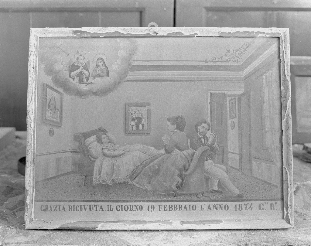 San Domenico intercede presso la Madonna dei Sette Dolori per salvare un bambino ammalato (ex voto) - ambito veneziano (sec. XIX)