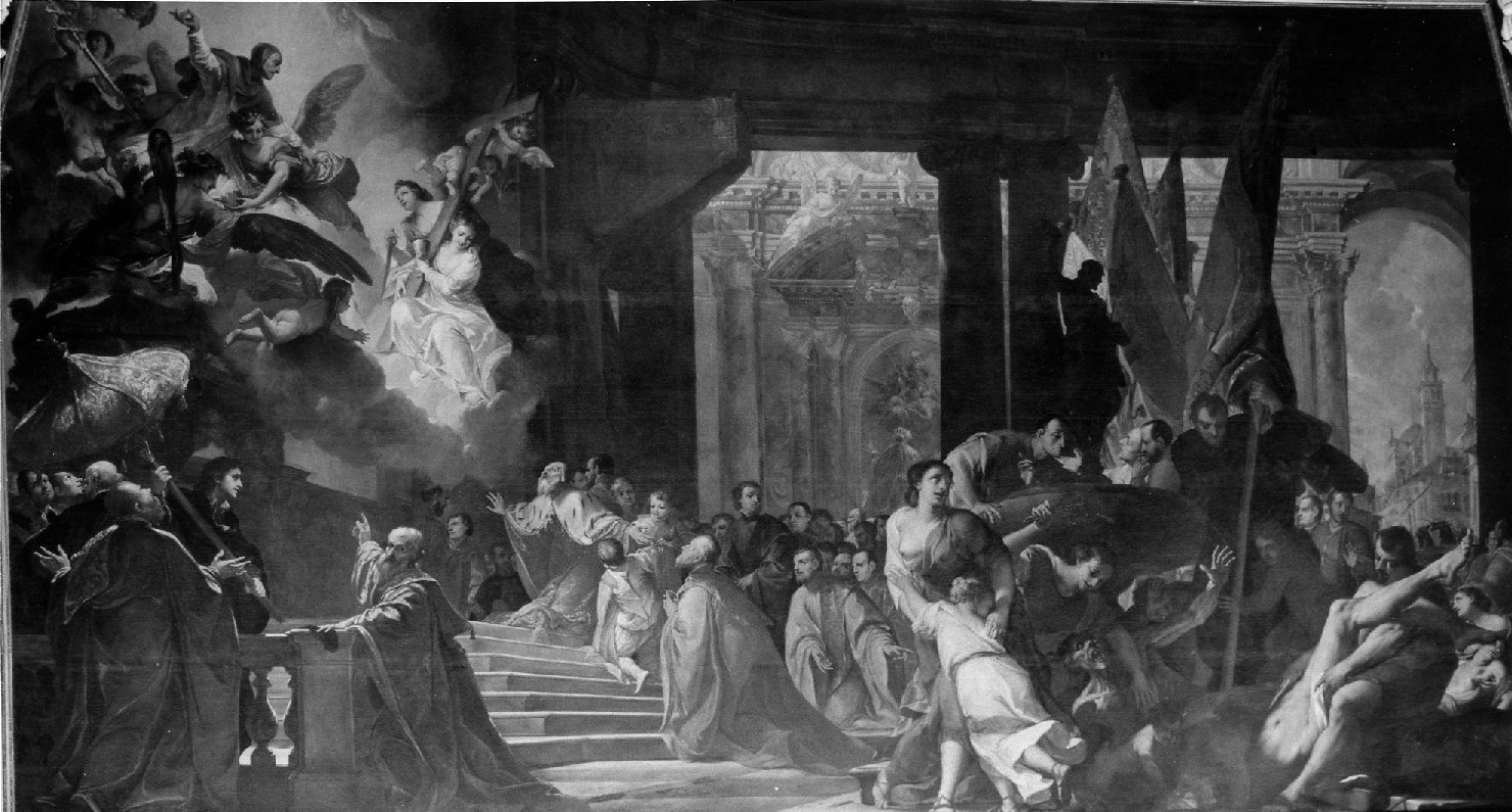 Voto del doge Nicolò Contarini al Beato Lorenzo Giustiniani affinché interceda per la liberazione di Venezia dalla peste del 1630 (dipinto) di Bellucci Antonio (fine sec. XVII)