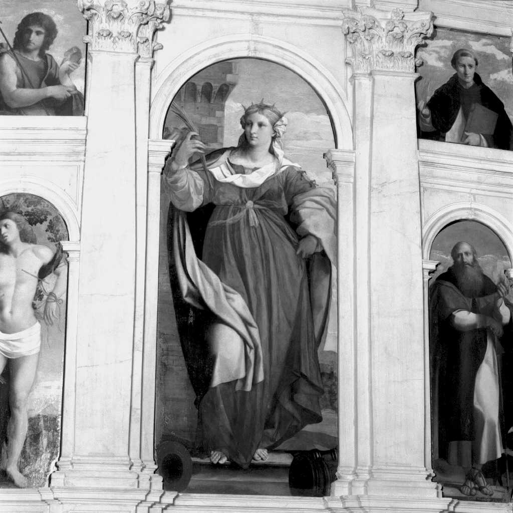 Santa Barbara (scomparto di polittico, elemento d'insieme) di Negretti Jacopo detto Palma il Vecchio (primo quarto sec. XVI)
