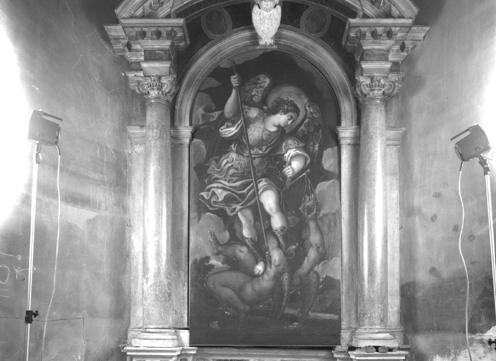 San Michele Arcangelo combatte Satana (dipinto) di Michieli Andrea detto Vicentino (secc. XVI/ XVII)
