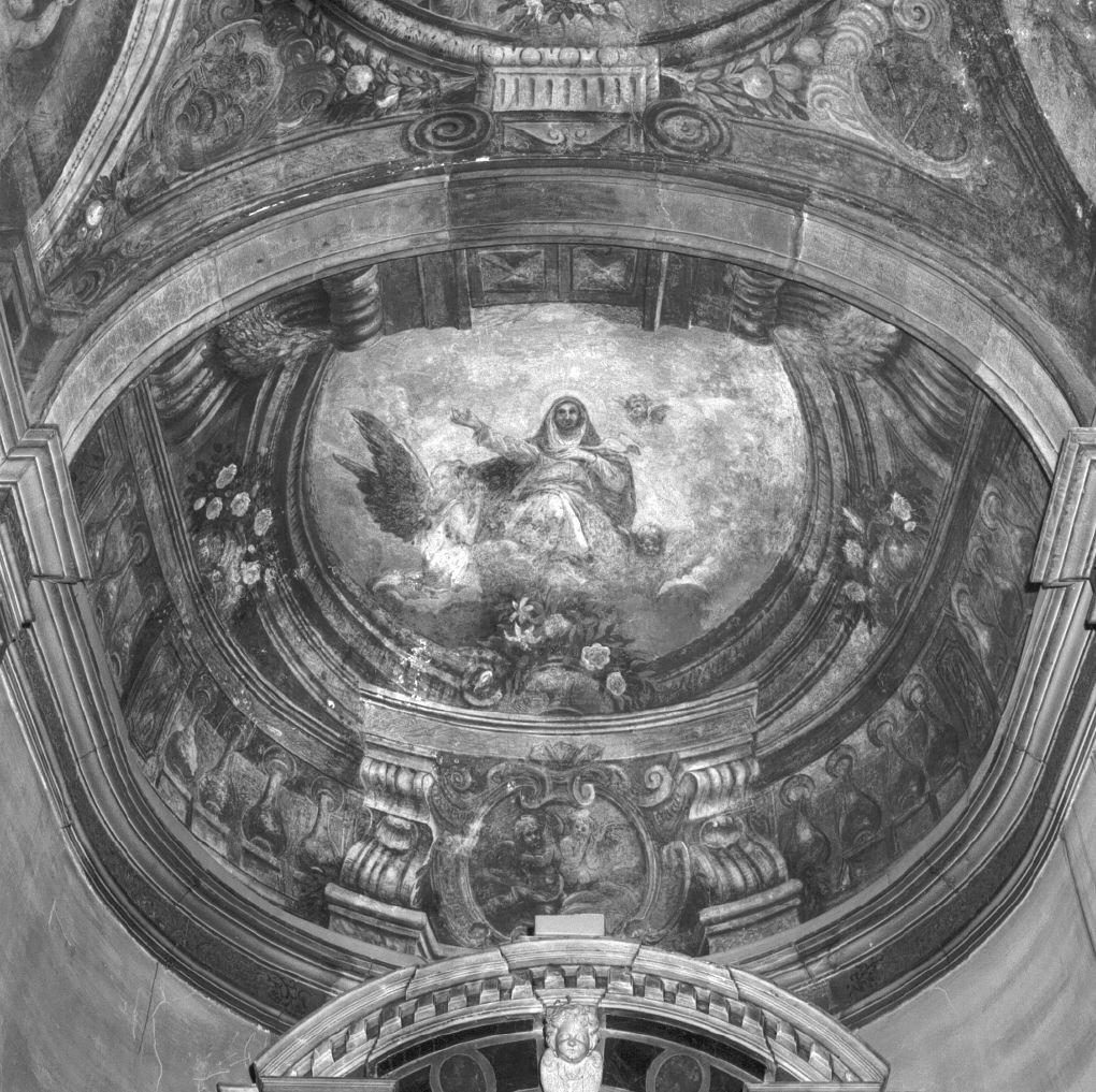 Madonna in gloria/ motivi decorativi architettonici (dipinto) di Letterini Agostino (sec. XVII)