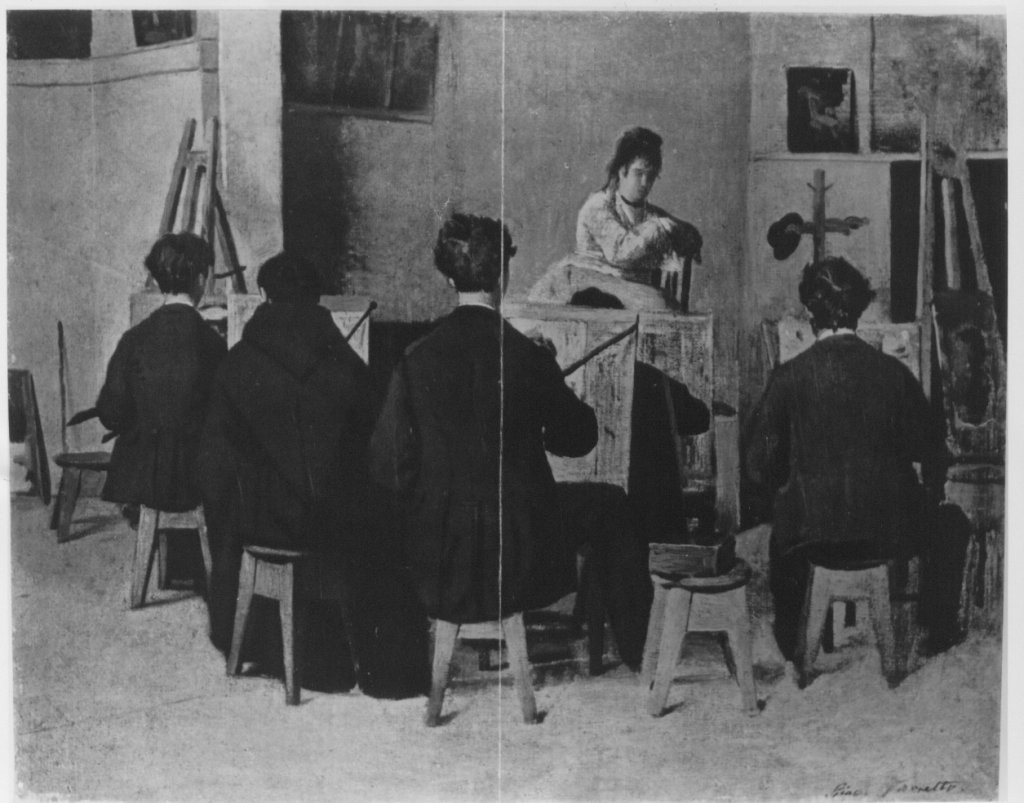 Scuola di pittura, pittori che ritraggono una modella (dipinto) di Favretto Giacomo (attribuito) (sec. XIX)