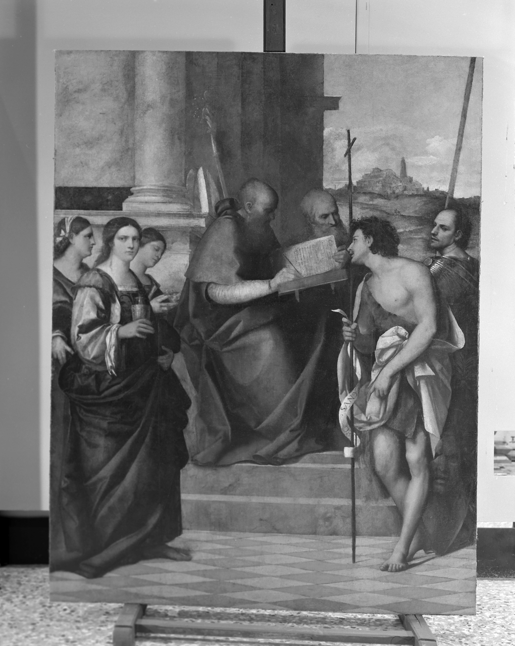 San Giovanni Crisostomo e Santi (pala d'altare) di Luciani Sebastiano detto Sebastiano del Piombo (sec. XVI)